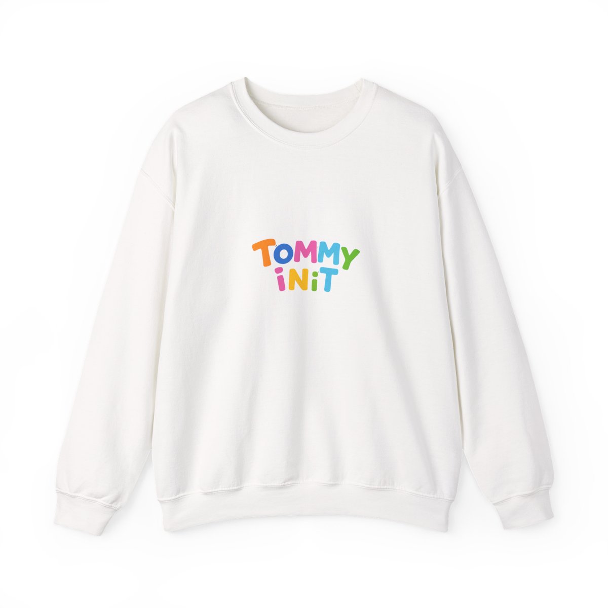 A blue sweatshirt with a colourful "Tommy Innit" graphic on the front. The back of the sweatshirt is plain blue.